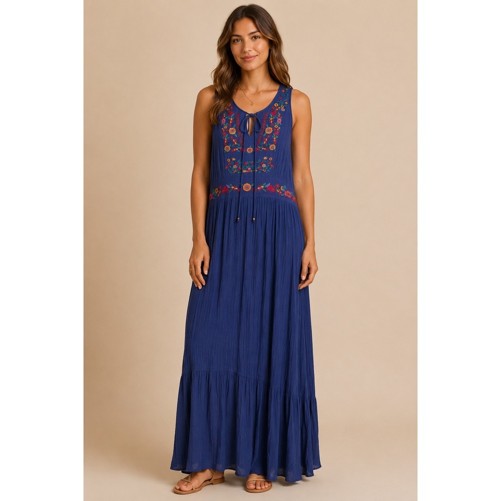 Umgee Maxi Dress Womens M Navy Blue Floral Embroidered Crinkle Gauze Boho Hippie
